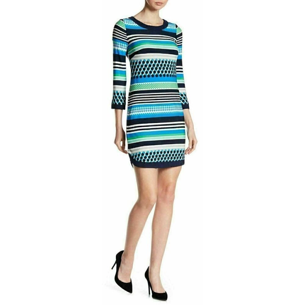 Vince Camuto Womens Blue Jersey Dotted Stripe Crew neck Mini Dress Size 14 - Picture 9 of 16